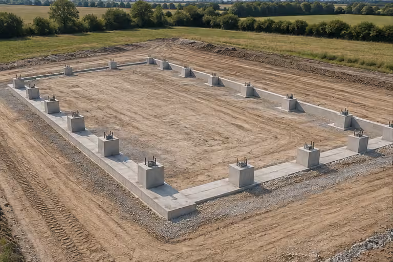 Concrete pedestals laid out for a PEB building