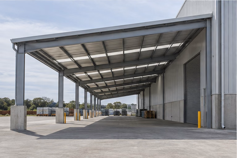 Single-slope loading shelter beside a warehouse