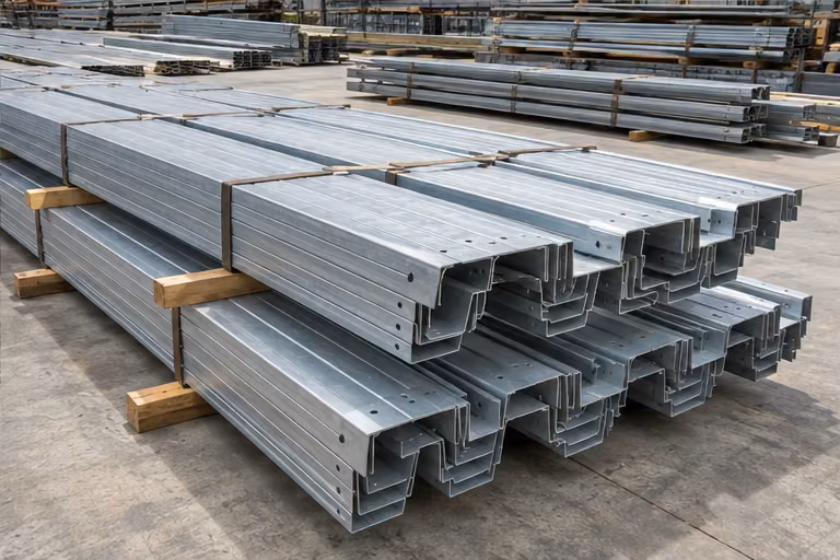 Galvanized steel purlins stacked on timber supports