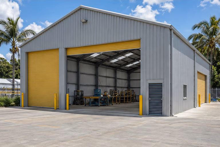Small gabled industrial workshop with yellow doors