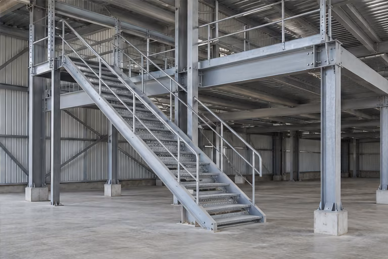 Steel stairs connecting to an industrial mezzanine