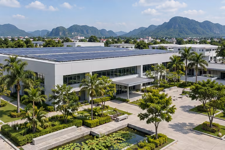 Solar rooftop on an industrial research building with landscaped grounds