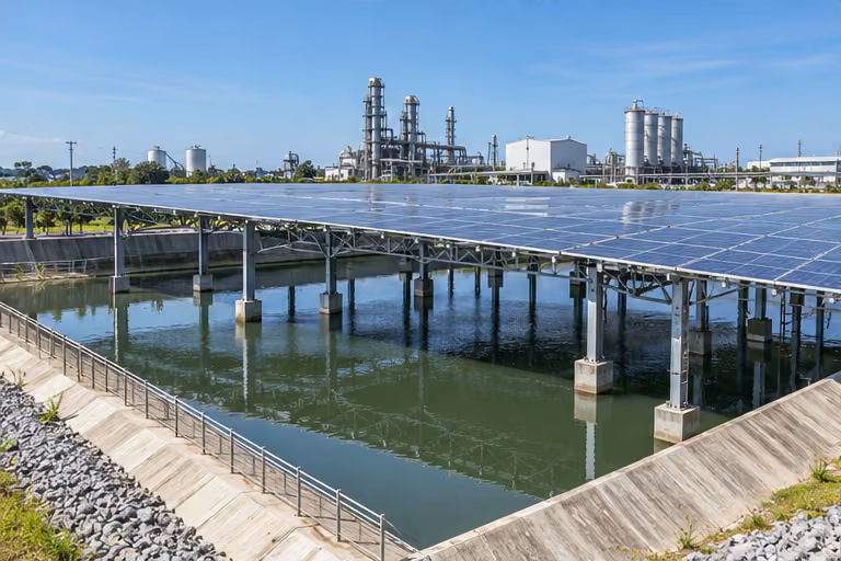 Solar panels above an industrial retention basin