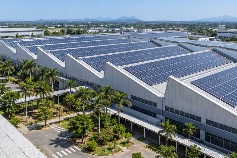 Solar panels across multiple factory roofs and landscaped grounds