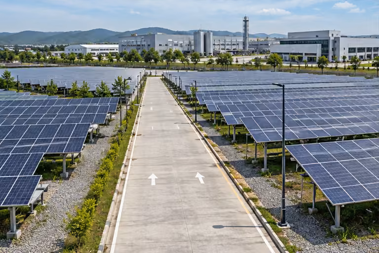 Maintenance access lane between solar arrays near a manufacturing campus