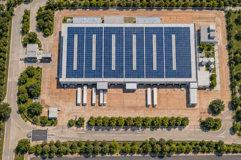 Overhead view of a solar factory roof and loading yard