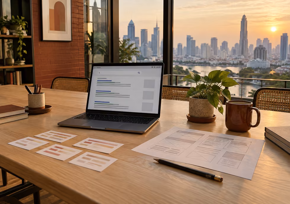 SEO planning workspace with a laptop and website structure sheets