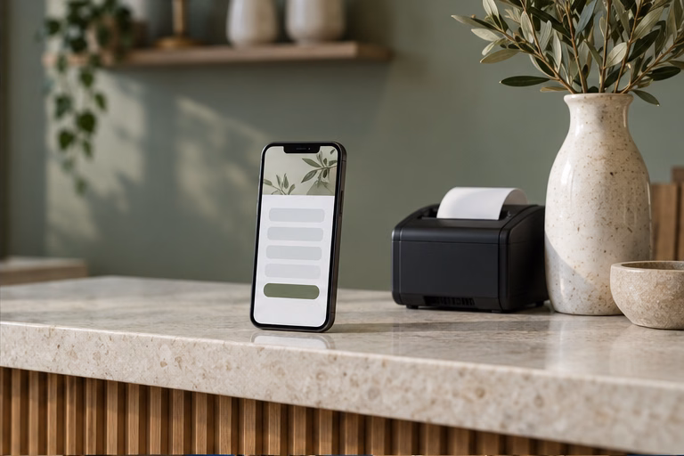 Phone displaying an enquiry form on a shop counter