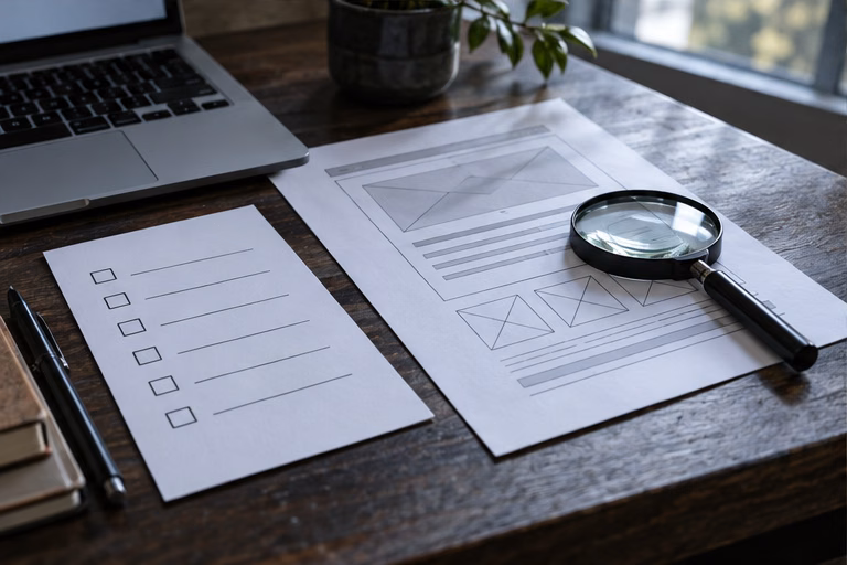 Magnifying glass and a website audit checklist