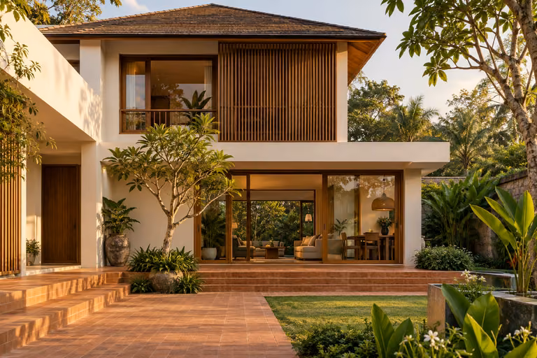 บ้านสองชั้นสไตล์ร่วมสมัยพร้อมสวนและชานบ้าน